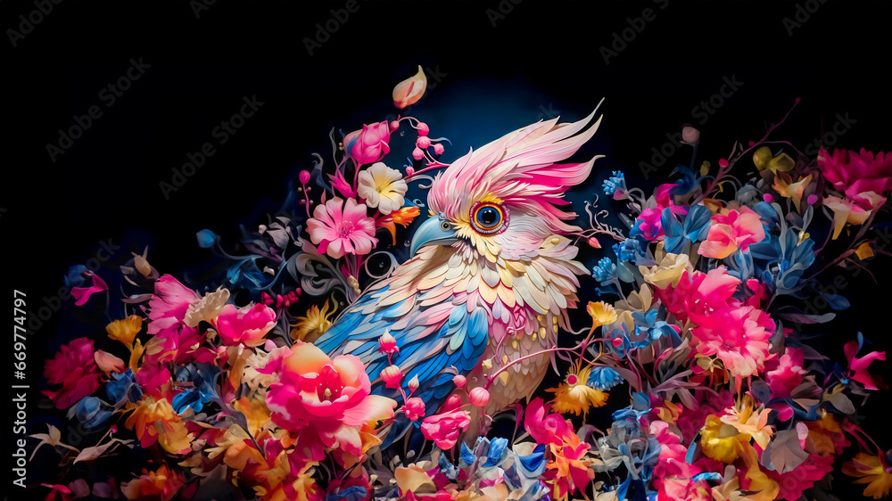 One beautiful parrot with blue feathers and a pink crown resting among floral haven
