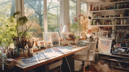 A captivating art studio with abundant natural light  a spacious work table  and shelves filled with an array of art supplies  inspiring creativity and expression