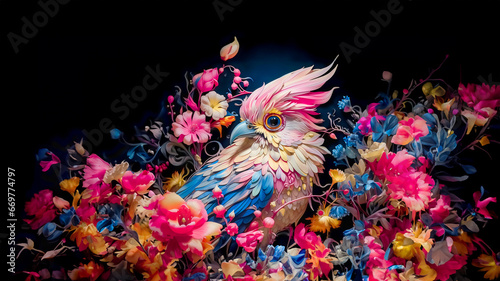 One beautiful parrot with blue feathers and a pink crown resting among floral haven © B.WHISKERS