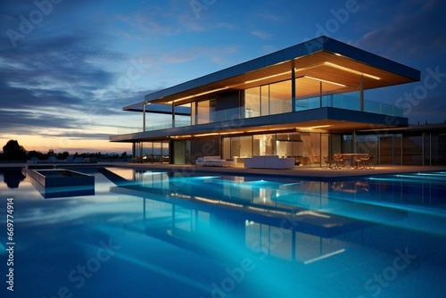 Modern residence with swimming pool. Generative AI © Danilo