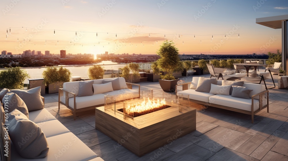 A captivating rooftop terrace with panoramic city views, featuring comfortable lounge furniture, a fire pit, and an outdoor dining area for al fresco gatherings