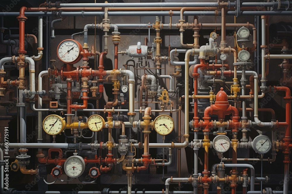 An industrial setting filled with interconnecting pipes, valves, and gauges. Generative AI