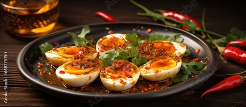 Thai street food Eggs grilled with fish sauce and pepper