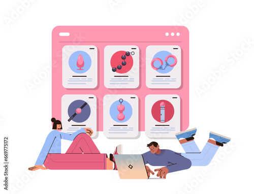 people choosing sex toys and accessories in online sex shop erotic game with sexual bdsm toys horizontal