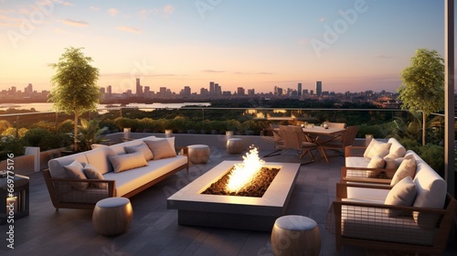 A captivating rooftop terrace with panoramic city views  featuring comfortable lounge furniture  a fire pit  and an outdoor dining area for al fresco gatherings