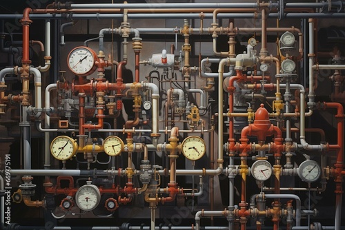 An industrial setting filled with interconnecting pipes, valves, and gauges. Generative AI