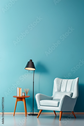 Modern living room with mid-century armchair, floor lamp, and a light blue wall. 