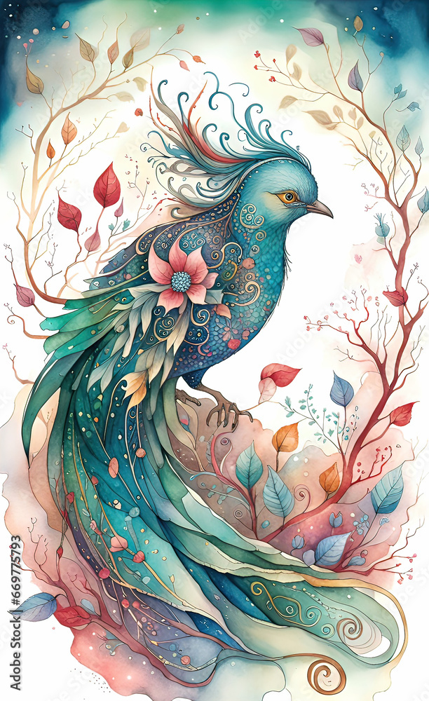 Digital watercolor illustration of a beautiful magical fantasy bird with bright wings and a wavy tail with flowers in the branches