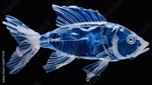 Fish made of plastic bags are swiming in the ocean. Contamination of the Oceans. Marine plastic pollution concept. Environmental pollution. Black background. Ai generative
