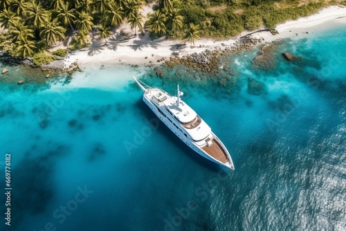 Luxury yacht approaching a breathtaking beach with turquoise waters and palm trees - aerial view. Generative AI