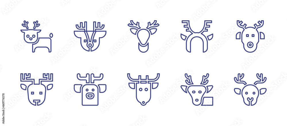 Reindeer line icon set. Editable stroke. Vector illustration. Containing rudolf, reindeer, headband, deer.