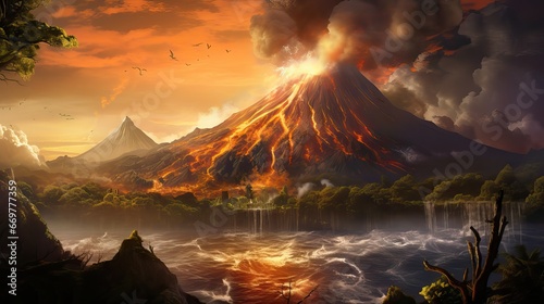 A volcano erupting, spilling lava into the surrounding valleys. Generative AI.