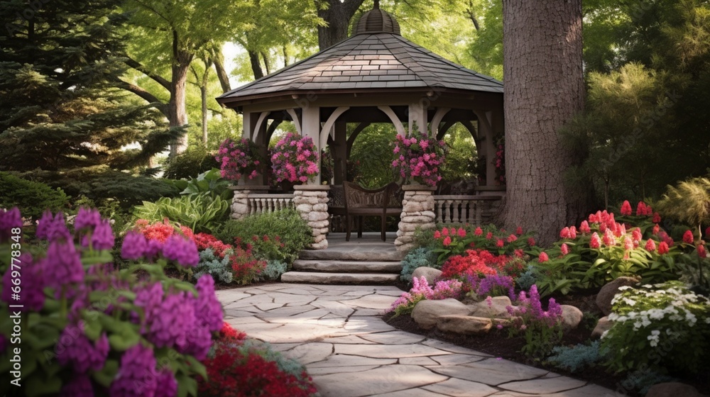 A charming stone gazebo surrounded by a profusion of colorful, fragrant blooms
