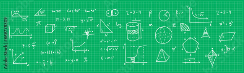 Hand drawn sketch math note. Math symbols doodle notebook page background. School education sign geometry scientific formulas and calculations vector illustration photo