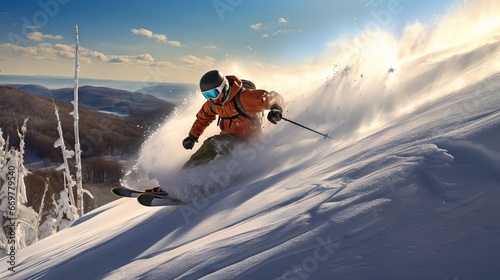 A skier descending a snowy mountain at high speed. Generative AI. photo