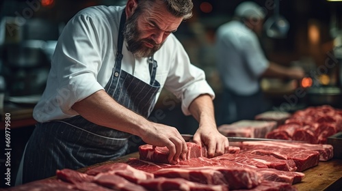 A butcher is preparing meat at the butcher store. photo