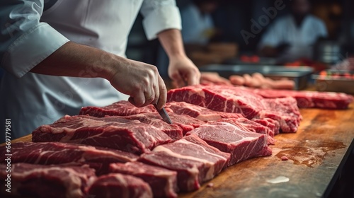 A butcher is preparing meat at the butcher store. photo