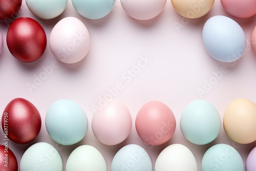 Top Down View of Colorful Easter Eggs on a Pink Marble Kitchen Counter Food Photo with Copy Space