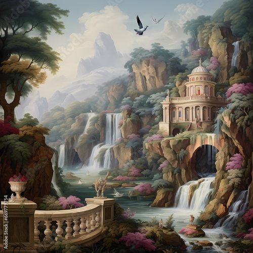 beautiful waterfall painting with castle and forest © Wipada