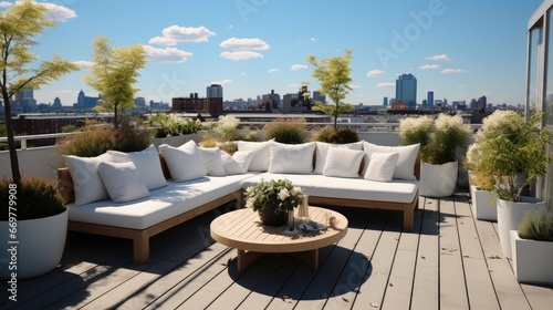 Beautiful comfortable seating areas on rooftop with garden.