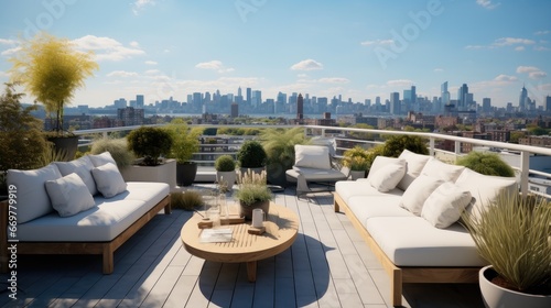 Beautiful comfortable seating areas on rooftop with garden.