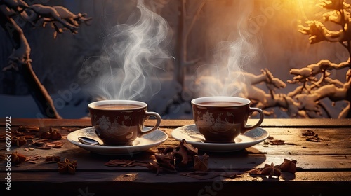 Two mugs of delicious hot chocolate emitting steam from the heat, waiting to be enjoyed outdoors on a winter day, Generative AI.