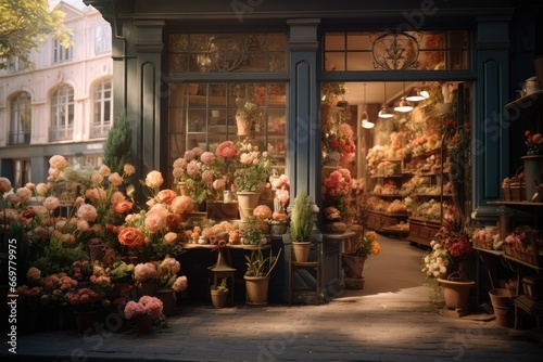 Flower shop from outside on the street, Beautiful flowers shows through its windows. photo