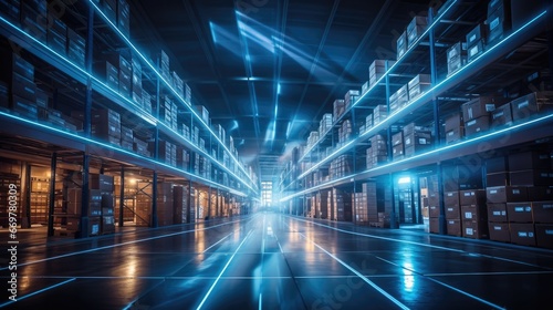 Modern large warehouse with shelves and pallets, Illuminated by the futuristic glow of advanced lighting.