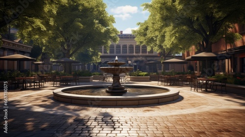 A cobblestone plaza with an inviting outdoor seating area and a central stone fountain