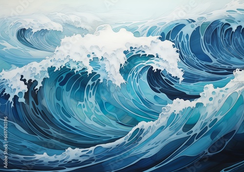 large wave breaking ocean surfer board colored pencil ultramarine blue ripple wall