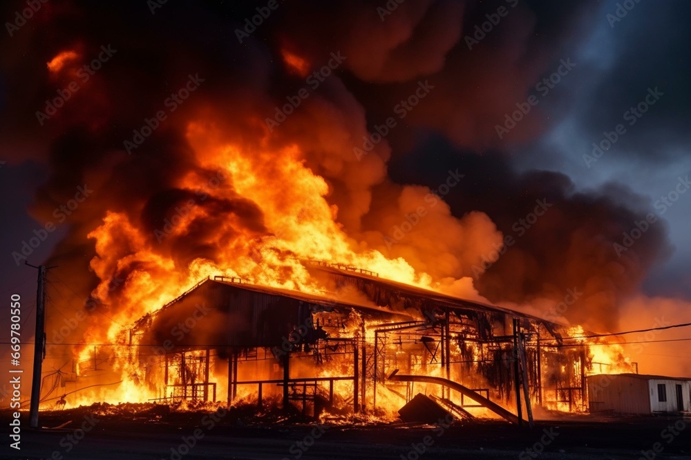 Blaze engulfs deserted factory, obliterating structure. Generative AI