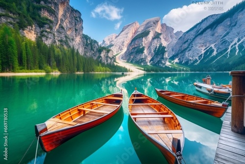 Boats on Braies Lake in Dolomites mountains  Sudtirol  Italy. Alps nature landscape. Generative AI