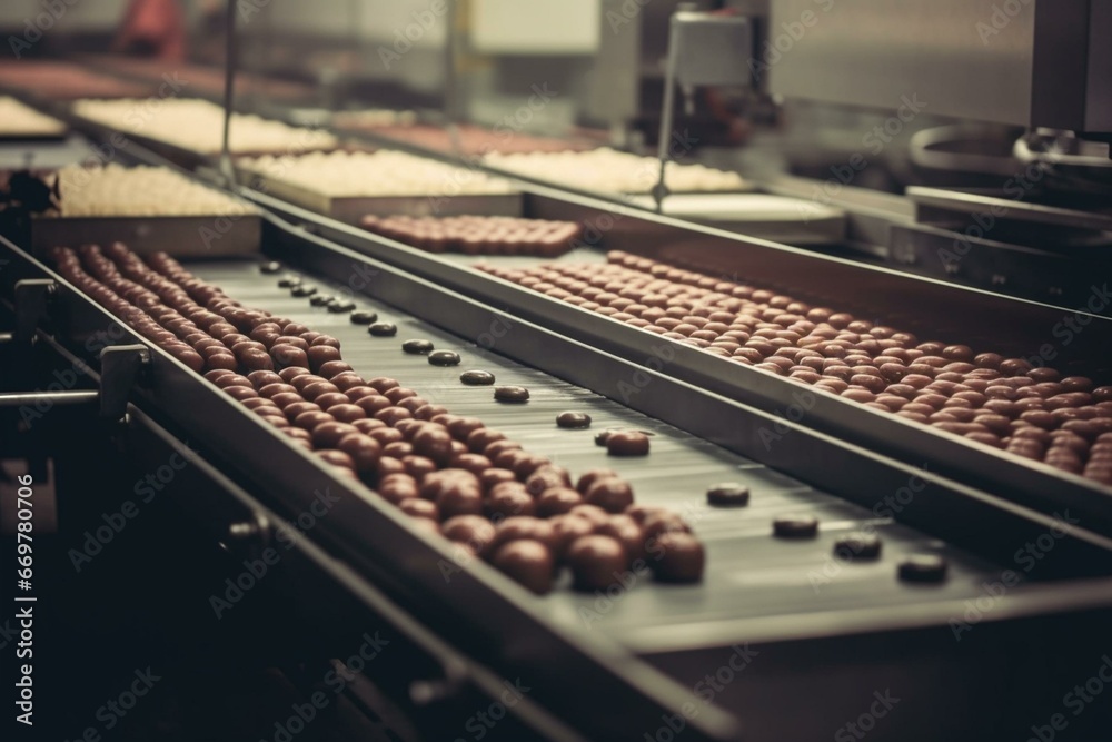 conveyor belt cakes baking process confectionery factory food industry toned. Generative AI