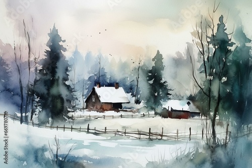 Watercolor painting with a snowy background. Generative AI