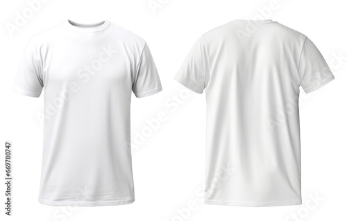 Set of White t shirt front and back on transparent background cutout, PNG file. Mockup template for product presentation. © CassiOpeiaZz