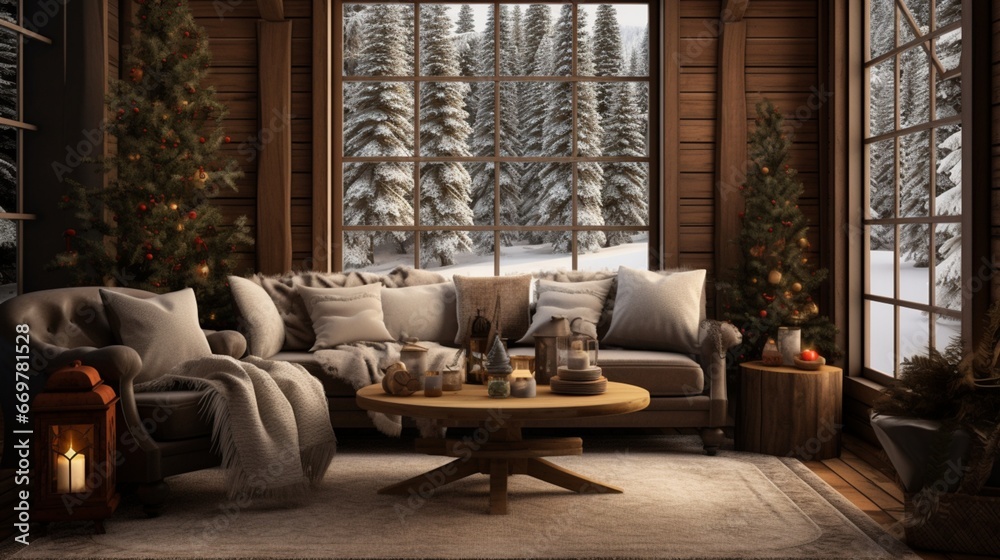 A cozy cabin in a snowy forest, featuring warm cocoa tones, deep evergreen, and accents of soft silver