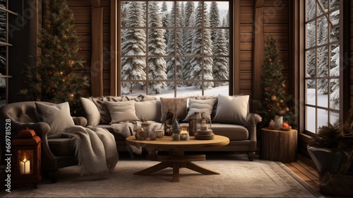 A cozy cabin in a snowy forest, featuring warm cocoa tones, deep evergreen, and accents of soft silver © ishtiaaq