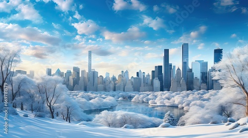 A cosmopolitan cityscape, skyscrapers shrouded in a blanket of snow, presents a serene yet vibrant winter tableau. Generative AI. © Sebastián Hernández