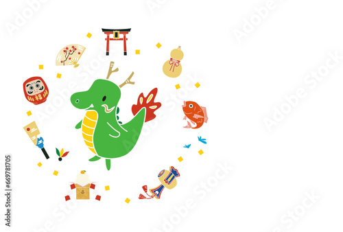 辰年、年賀状用テンプレート、かわいい竜