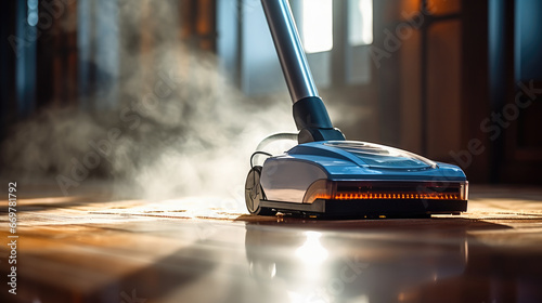 Cleaning concept, Steam cleaner meticulously rejuvenates a carpet. photo