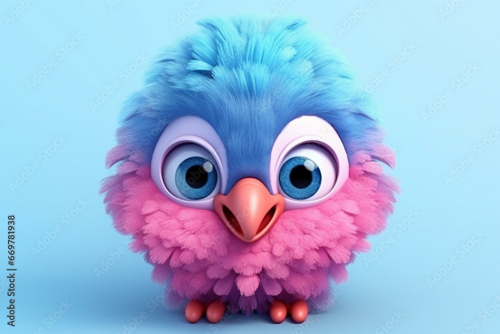 Adorable pink blue flamingo chick with big eyes, smiling. Tropical bird with contrast feathers. Cute baby bird character in Pixar style for kids design. Digital generated art. Generative AI