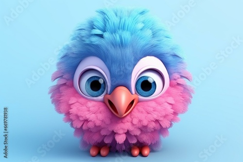 Adorable pink blue flamingo chick with big eyes, smiling. Tropical bird with contrast feathers. Cute baby bird character in Pixar style for kids design. Digital generated art. Generative AI © Melisande