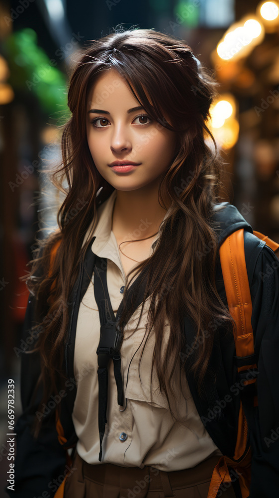 asian hight school girl in hight school uniform walking in the street in The city. asian hight school girl in hight school uniform walking in the street in The city.