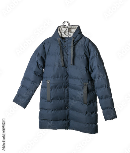 Blue men's winter jacket insulated on a white background.