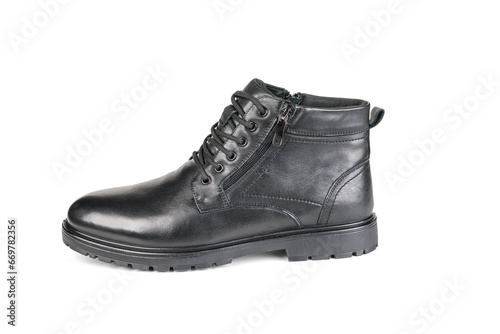 Stylish leather men's winter boot isolated on a white background.