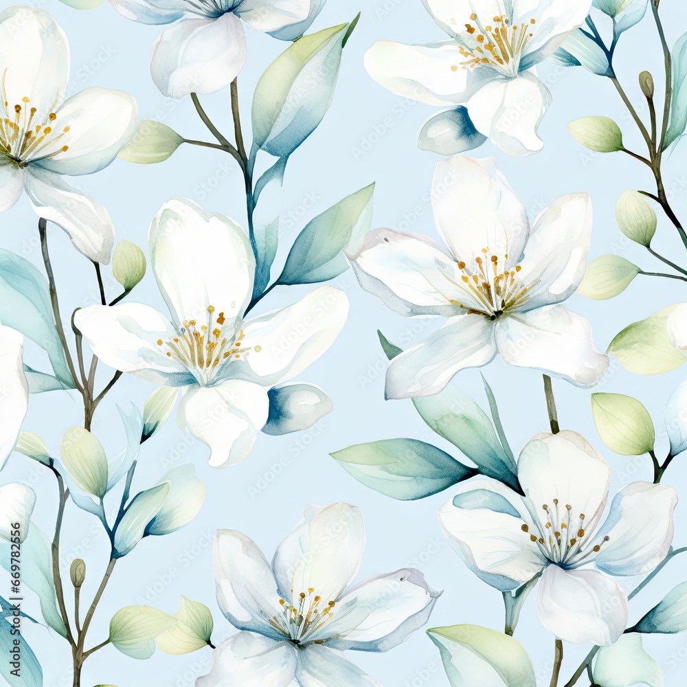 Fototapeta premium white flowers watercolor seamless patterns, watercolor picture of flowers, floral