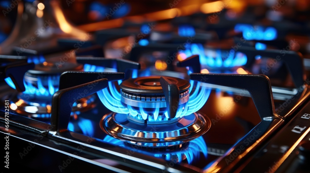 Vivid gas flames burning bright on the stove. Vivid gas flames burning bright on the stove.
