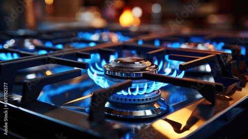 Vivid gas flames burning bright on the stove.