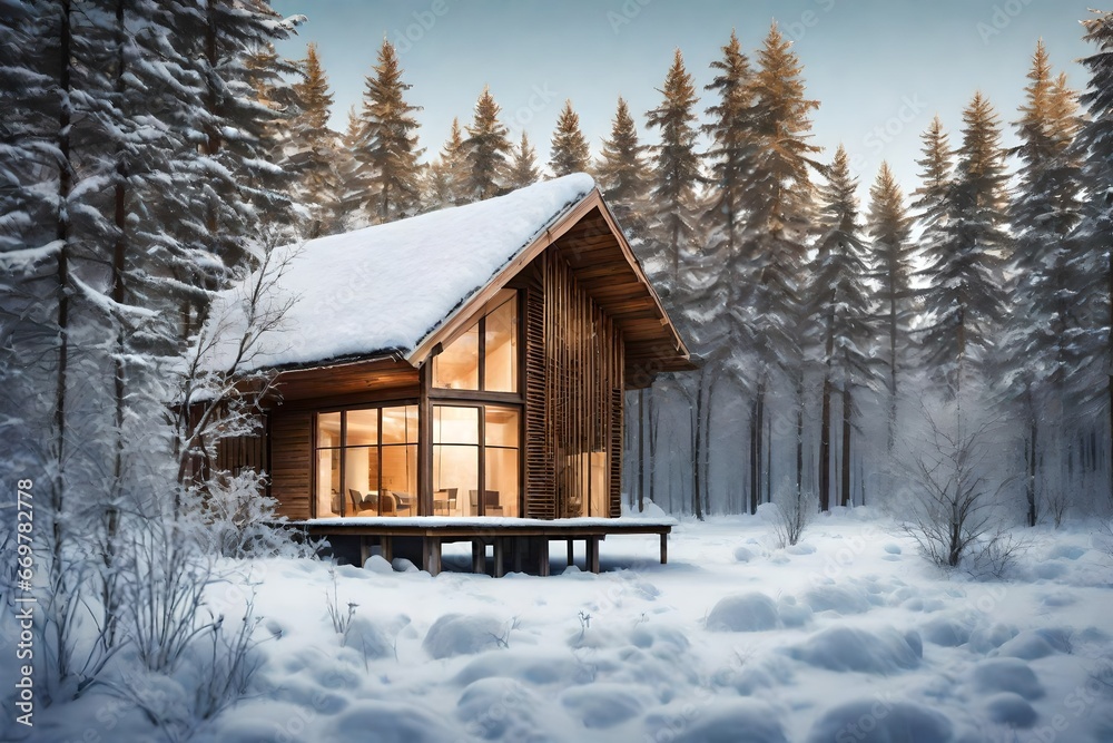 wooden house in winter forest