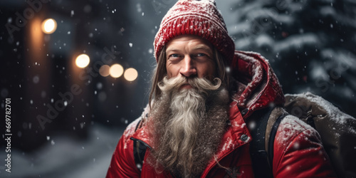 Modern Santa Claus. Cute Man in Red Knitted Hat and Red Winter Jacket with Gray Beard at night on a winter snowy forest background. Merry Christmas and Happy New Year banner